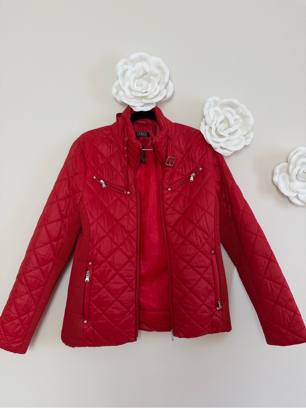 Ralph Lauren Quilted Red Puffer Jacket with Buckle Detail
